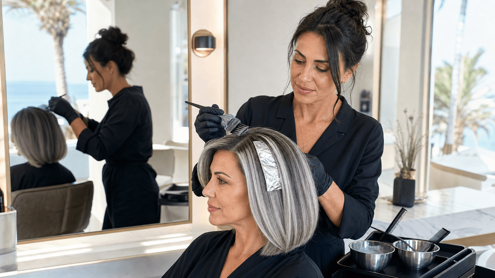 Close-up of sleek silver hair with soft French gray tones, smooth waves, and gentle studio lighting.