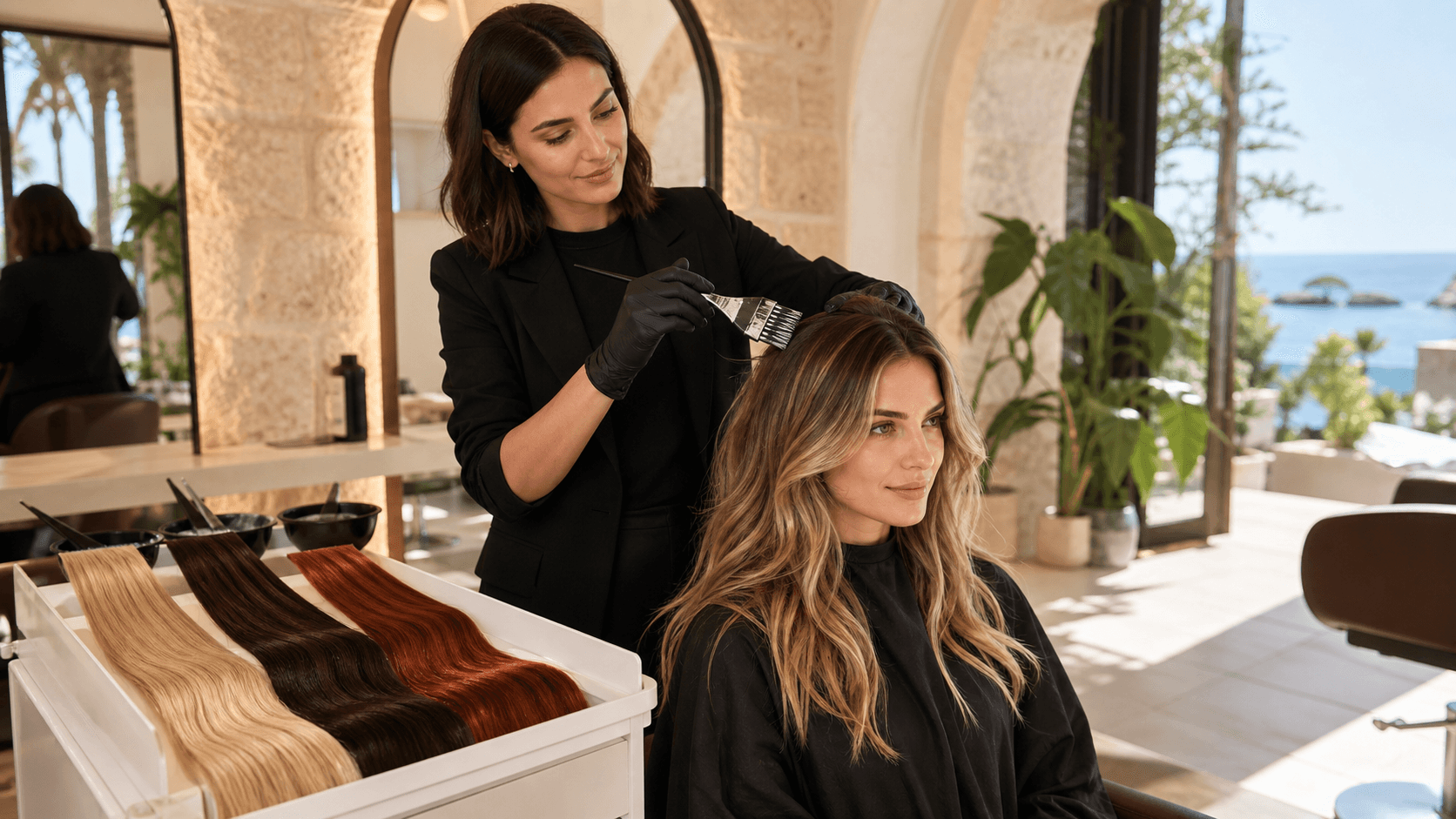 Glossy brunette hair in soft waves, lit by warm salon lights against a blurred neutral background.