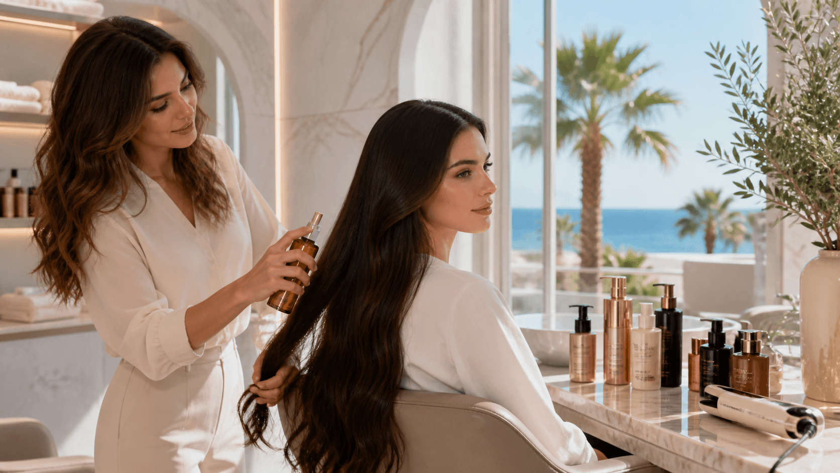 Sunlit blonde hair extensions beside pink and gold hair care bottles on a white marble surface.